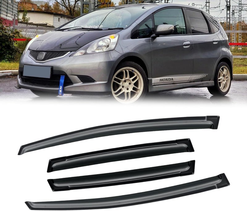 CMVT Auto Window Visor for Honda Fit 2009-2014, Out-Channel Rain Guards Shields Vent Deflector Shade Wind Dark Smoke 2010 2011 2012 2013, Tape-On Outside-Mount, 4PCS - Image 1